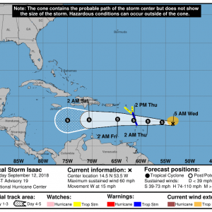 Boletín Tormenta Tropical Isaac, miércoles 12 de septiembre de 2018, 5:00am., KP3AV Systems