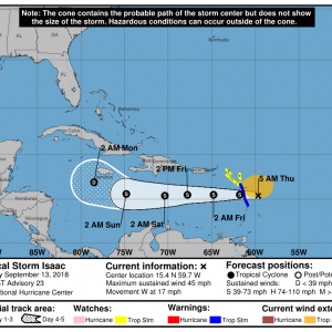 Boletín Tormenta Tropical Isaac, jueves 13 de septiembre de 2018, 5:00am 2 090133 5day cone no line and wind