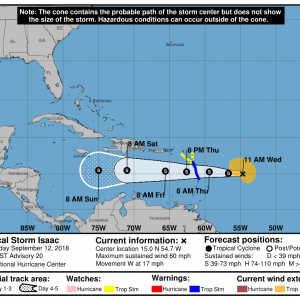 Boletín Tormenta Tropical Isaac, miércoles 12 de septiembre de 2018, 11:00am, KP3AV Systems